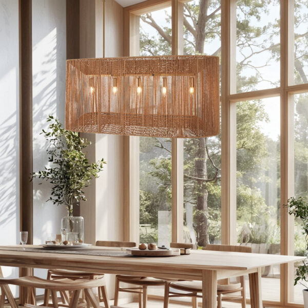 Coastal-Inspired Abaca Rope Linear Iron Chandelier - Image 6