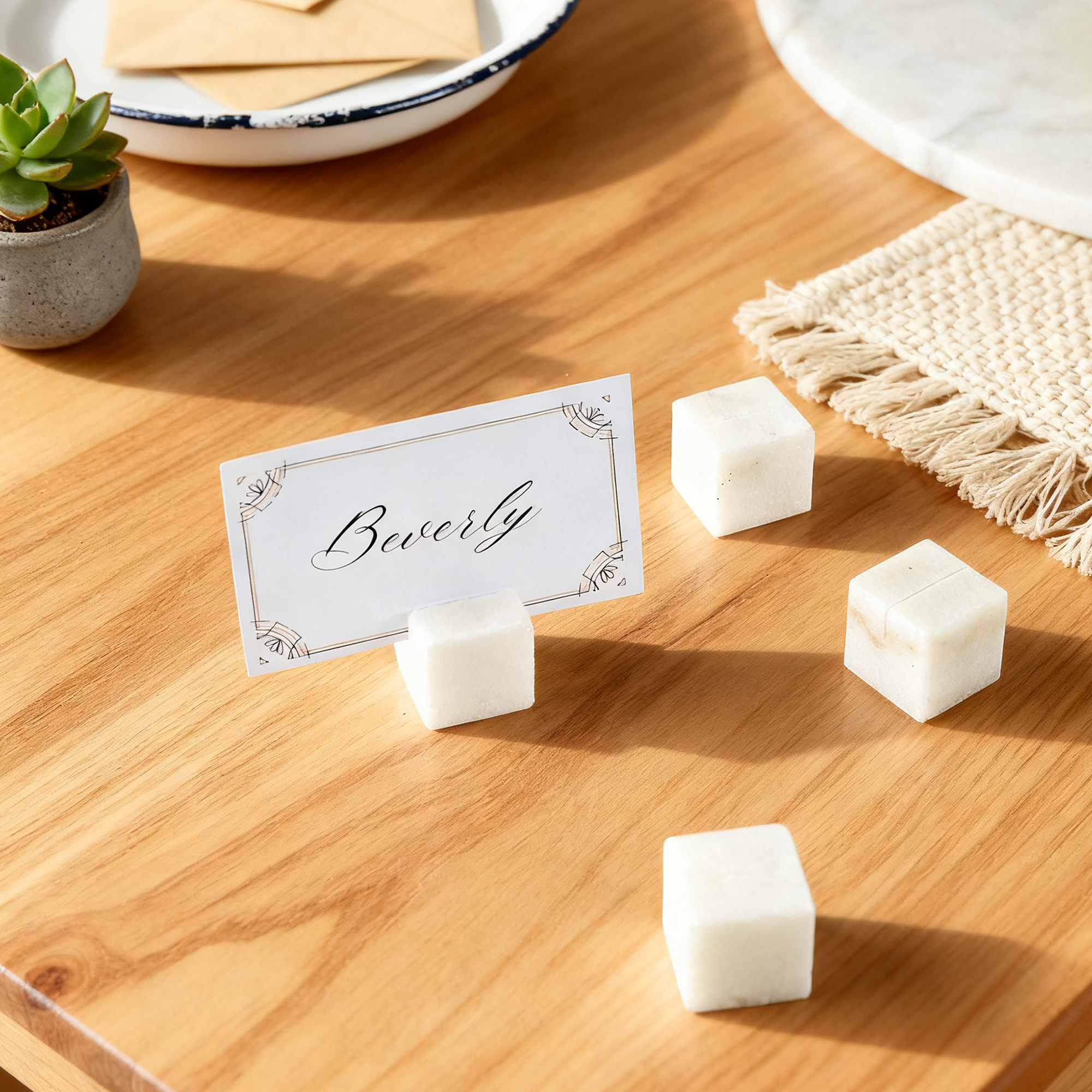 Handcrafted Elegant Polished White Marble Place Card Holders Set of 4 - Image 5