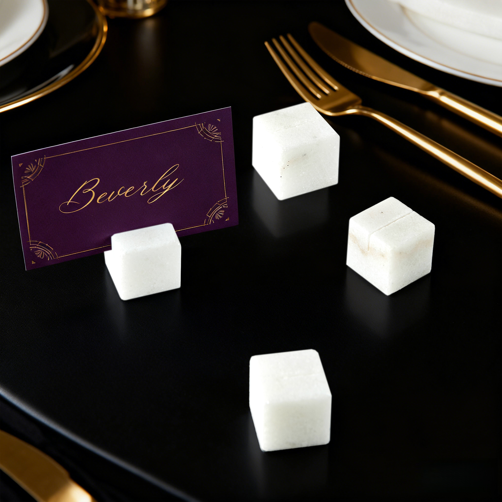 Handcrafted Elegant Polished White Marble Place Card Holders Set of 4 - Image 8