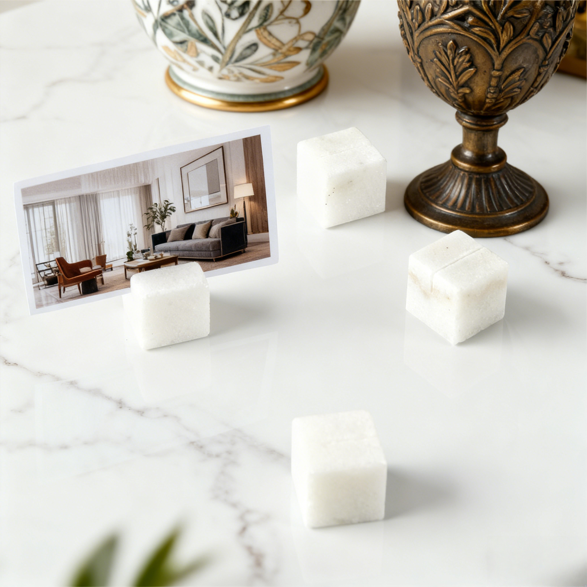 Handcrafted Elegant Polished White Marble Place Card Holders Set of 4 - Image 9