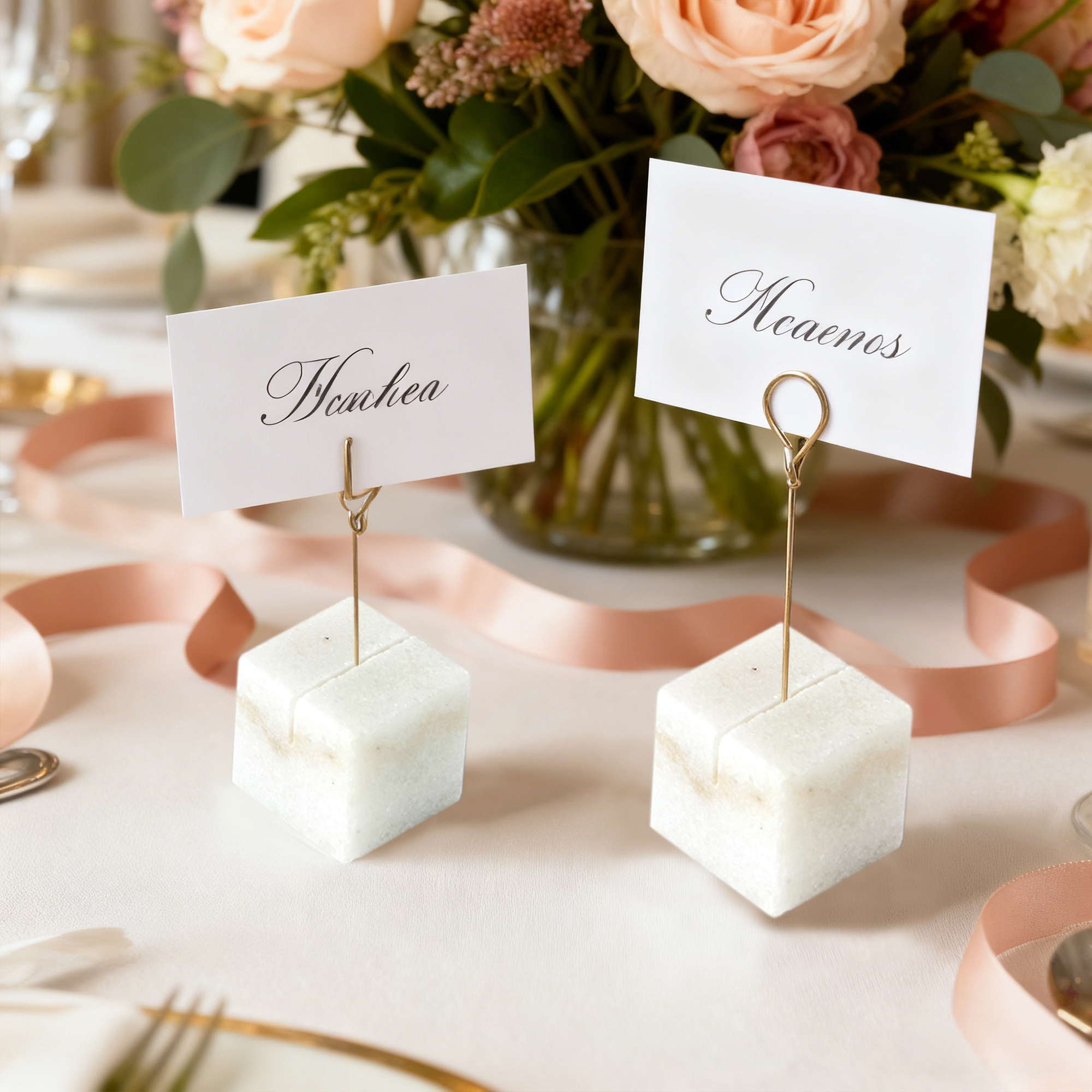 Handcrafted Elegant Polished White Marble Place Card Holders Set of 4 - Image 12