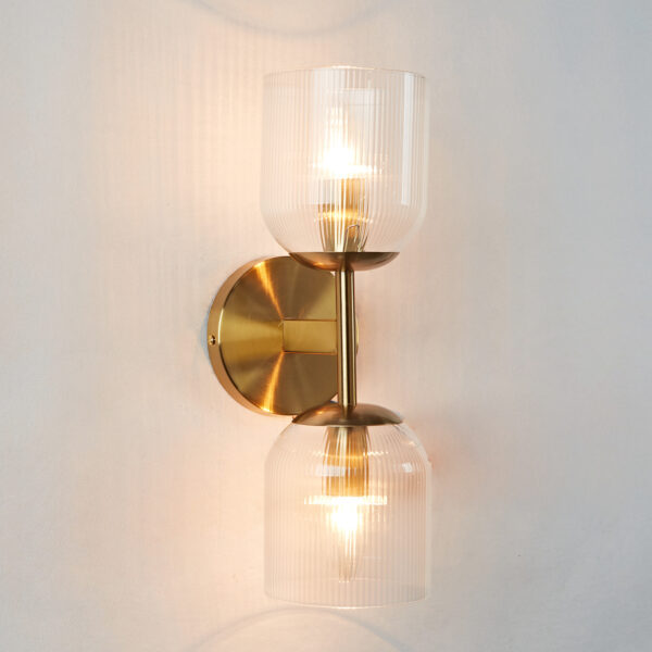 Antique Bronze Double Sconce with Ribbed Glass Shades
