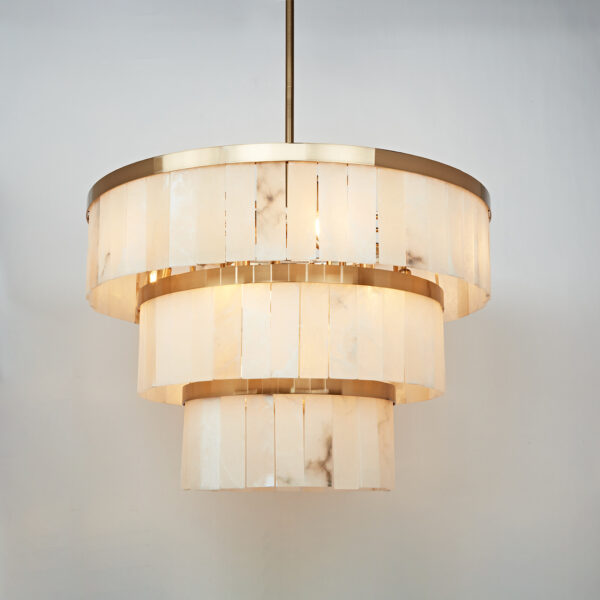 Rustic Alabaster Three-Tier Chandelier with Metal Detailing