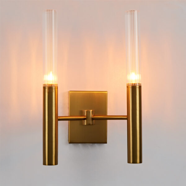 Brushed Brass Double Fluted Glass Tube Wall Sconce