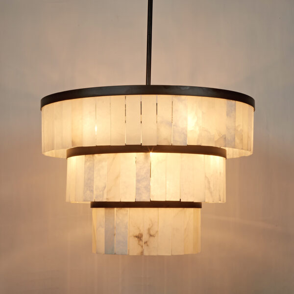 Rustic Alabaster Three-Tier Chandelier with Metal Detailing - Image 19