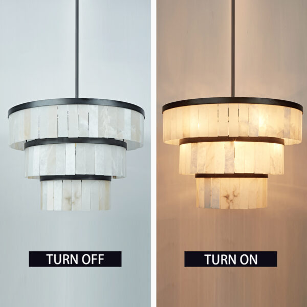Rustic Alabaster Three-Tier Chandelier with Metal Detailing - Image 25