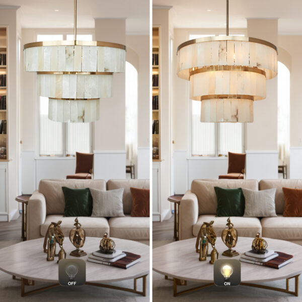 Rustic Alabaster Three-Tier Chandelier with Metal Detailing - Image 6