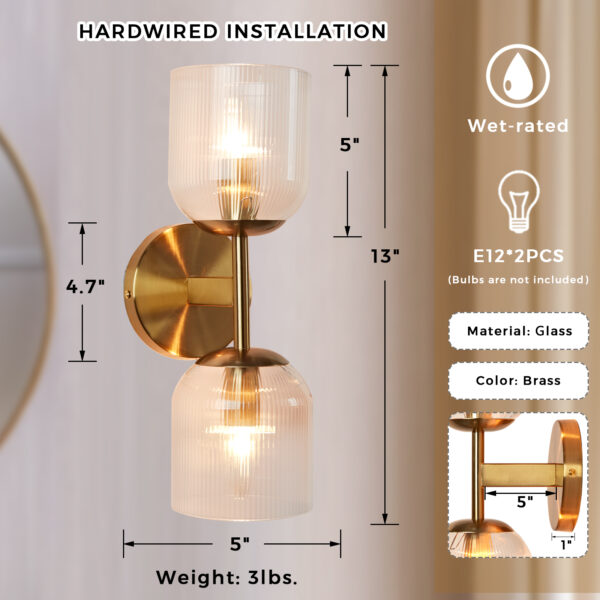 Antique Bronze Double Sconce with Ribbed Glass Shades - Image 2