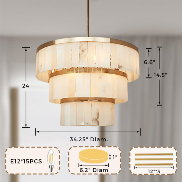 Rustic Alabaster Three-Tier Chandelier with Metal Detailing - Image 2