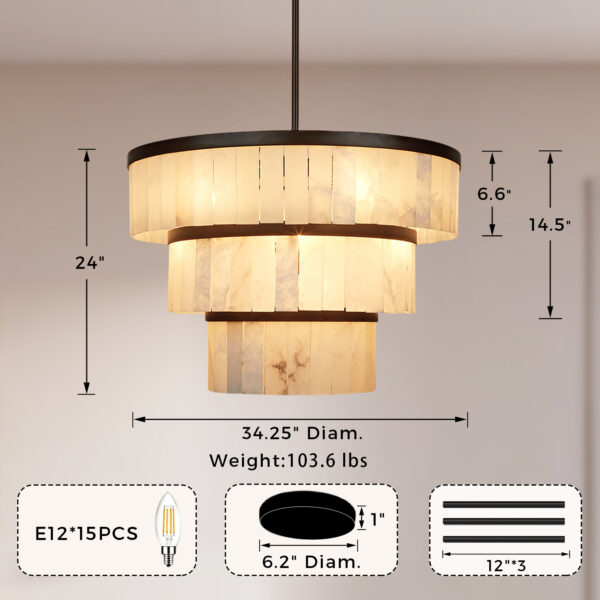 Rustic Alabaster Three-Tier Chandelier with Metal Detailing - Image 20