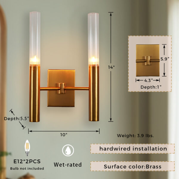 Brushed Brass Double Fluted Glass Tube Wall Sconce - Image 2