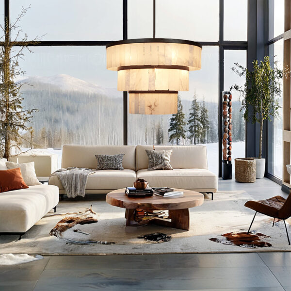 Rustic Alabaster Three-Tier Chandelier with Metal Detailing - Image 22