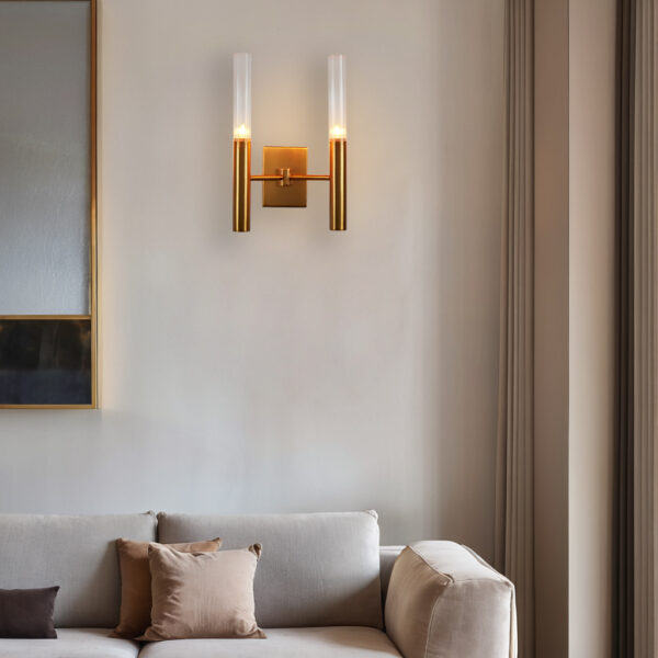 Brushed Brass Double Fluted Glass Tube Wall Sconce - Image 5