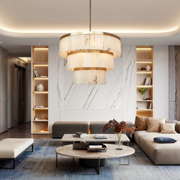 Rustic Alabaster Three-Tier Chandelier with Metal Detailing - Image 18