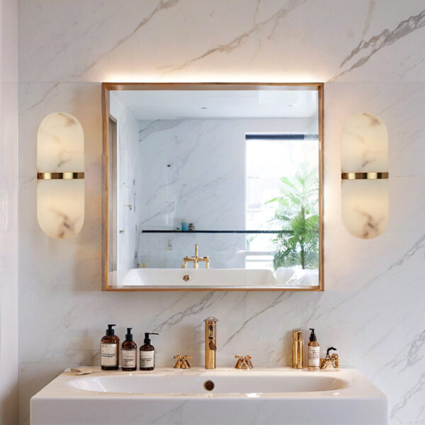 Modern Alabaster-Style Resin Wall Sconce with Metal Frame - Image 9