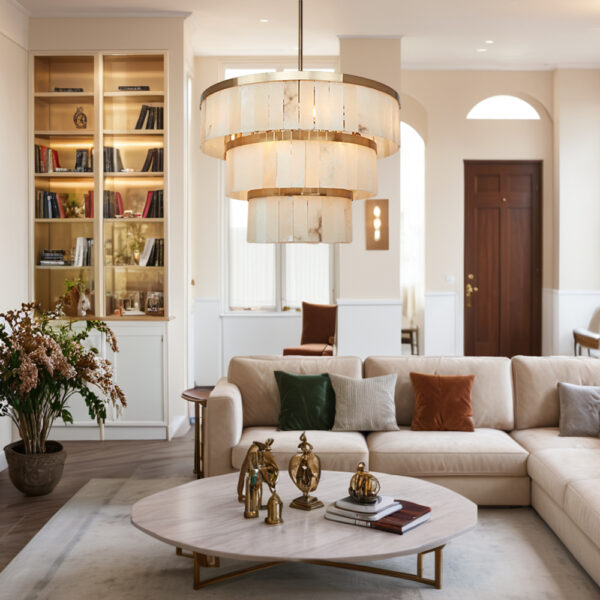 Rustic Alabaster Three-Tier Chandelier with Metal Detailing - Image 10