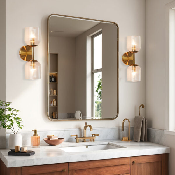 Antique Bronze Double Sconce with Ribbed Glass Shades - Image 8