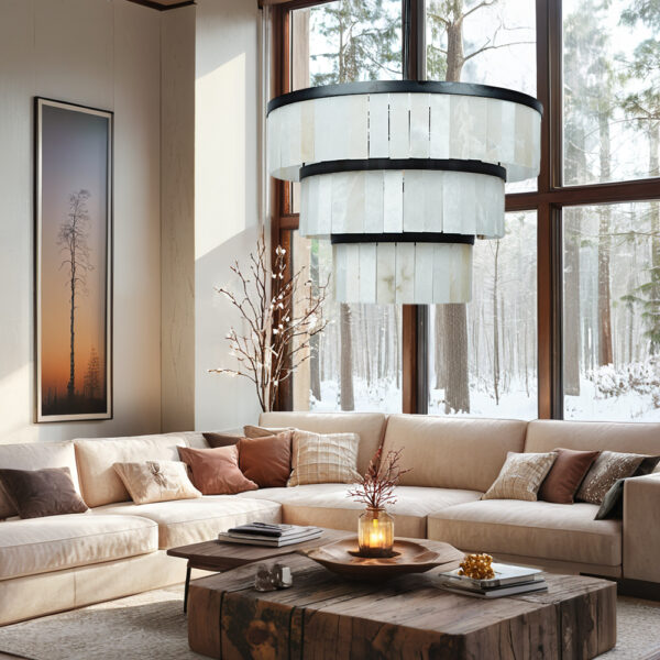 Rustic Alabaster Three-Tier Chandelier with Metal Detailing - Image 28