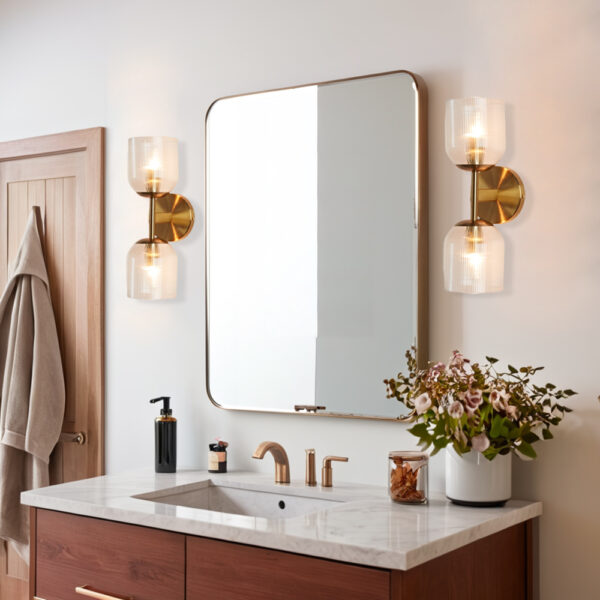 Antique Bronze Double Sconce with Ribbed Glass Shades - Image 9