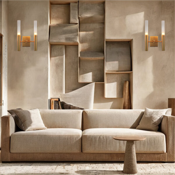 Brushed Brass Double Fluted Glass Tube Wall Sconce - Image 9