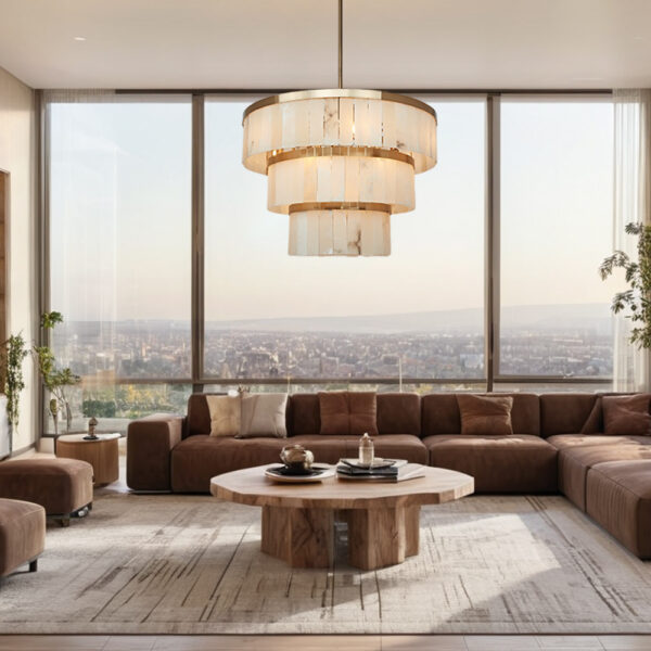 Rustic Alabaster Three-Tier Chandelier with Metal Detailing - Image 11