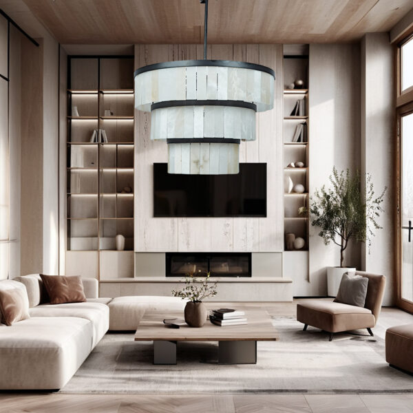 Rustic Alabaster Three-Tier Chandelier with Metal Detailing - Image 29