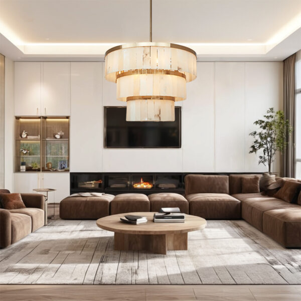 Rustic Alabaster Three-Tier Chandelier with Metal Detailing - Image 12