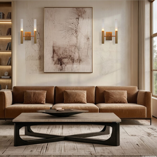 Brushed Brass Double Fluted Glass Tube Wall Sconce - Image 11