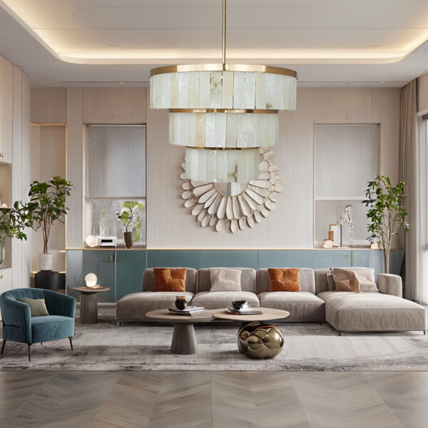 Rustic Alabaster Three-Tier Chandelier with Metal Detailing - Image 14