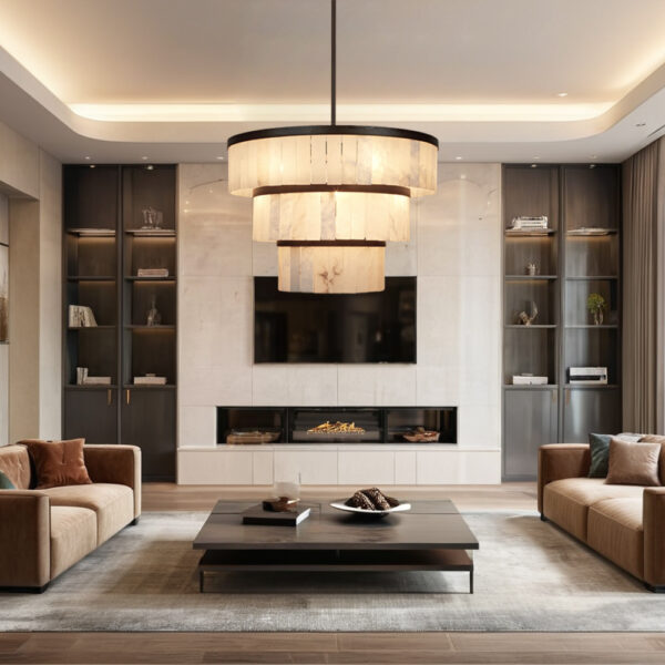 Rustic Alabaster Three-Tier Chandelier with Metal Detailing - Image 32