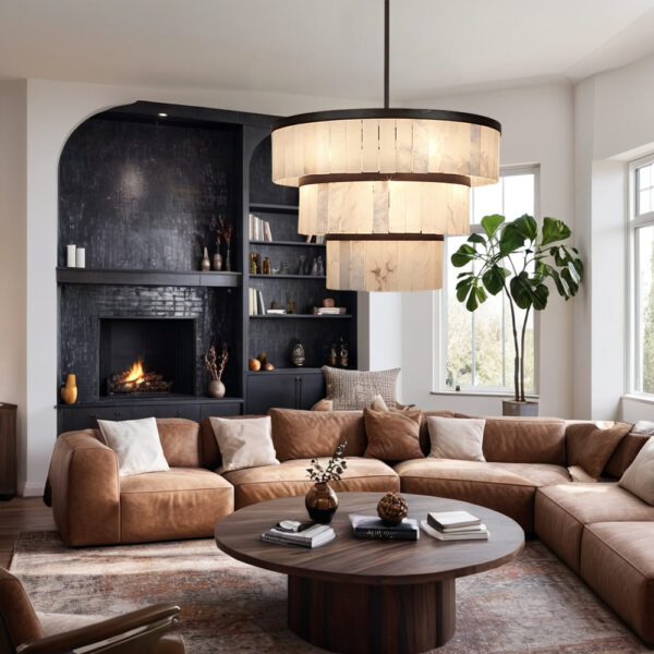Rustic Alabaster Three-Tier Chandelier with Metal Detailing - Image 33