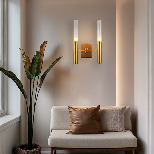 Brushed Brass Double Fluted Glass Tube Wall Sconce - Image 7