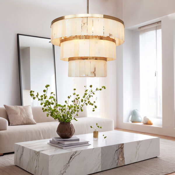 Rustic Alabaster Three-Tier Chandelier with Metal Detailing - Image 16