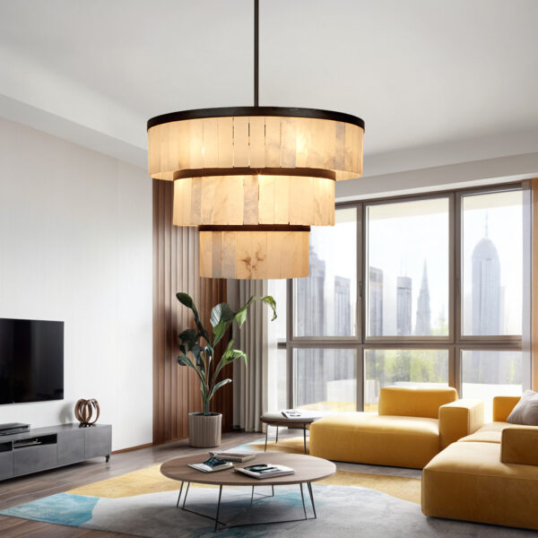 Rustic Alabaster Three-Tier Chandelier with Metal Detailing - Image 34