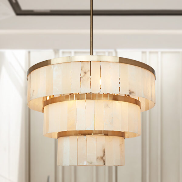 Rustic Alabaster Three-Tier Chandelier with Metal Detailing - Image 3