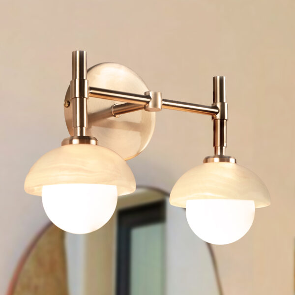 Brass Wall Sconce with Opal Glass Shade and Hand-Carved Alabaster - Image 3
