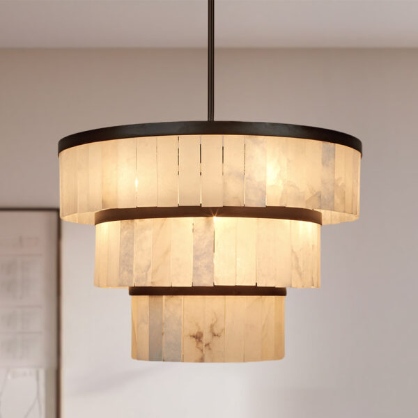 Rustic Alabaster Three-Tier Chandelier with Metal Detailing - Image 21
