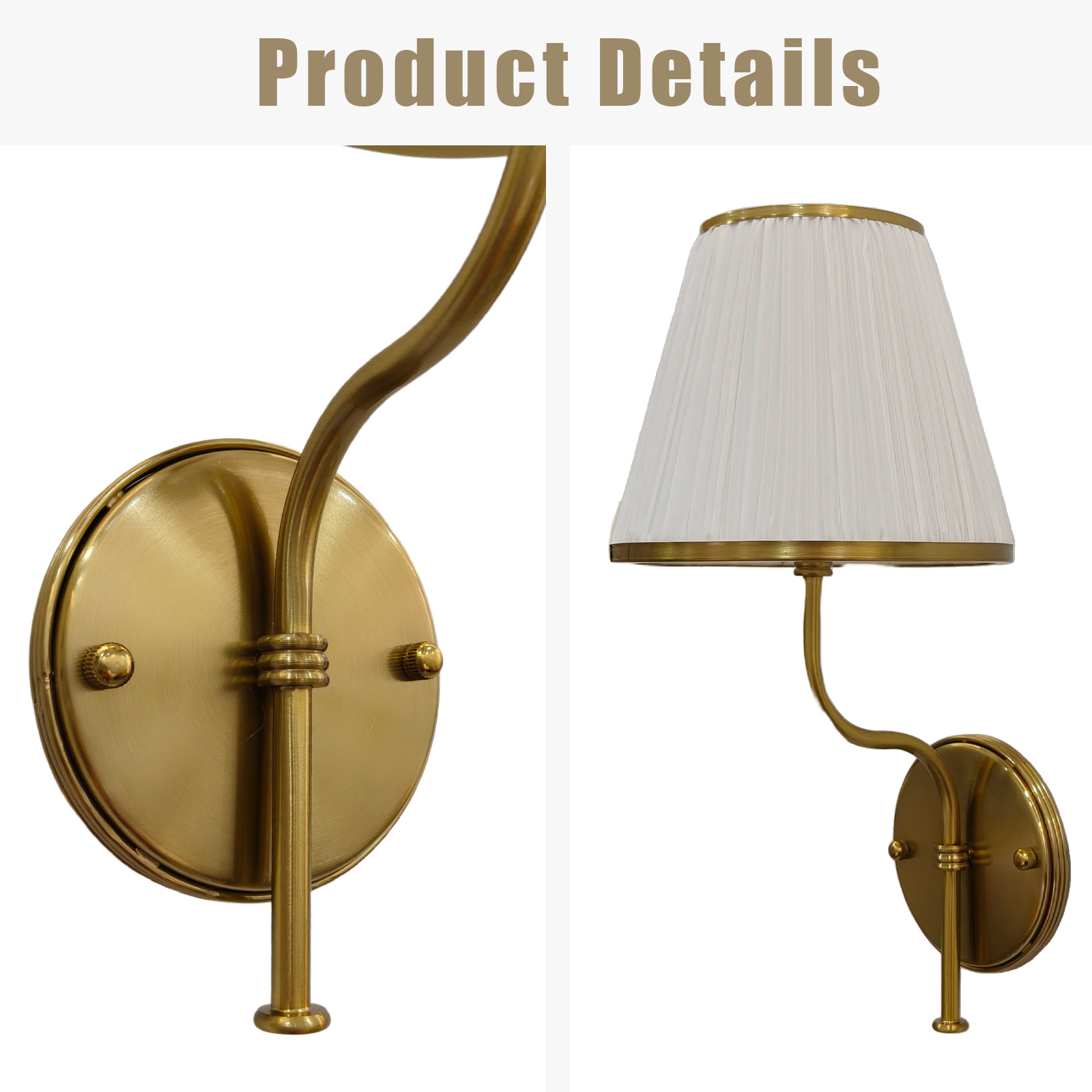 White Pleated Fabric Linen Wall Sconce, Modern Wall Light with Brass Base, Wall Lamp for Bedroom, Living Room, Bathroom - Image 9