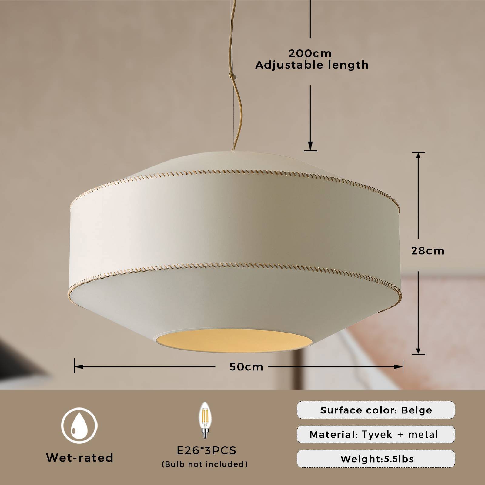 White Pendant Light with Parchment Paper Shade, 30 Inch Large Ceiling Light, Modern Ceiling Light Fixture for Living Room, Kitchen, Dinning Room - Image 12