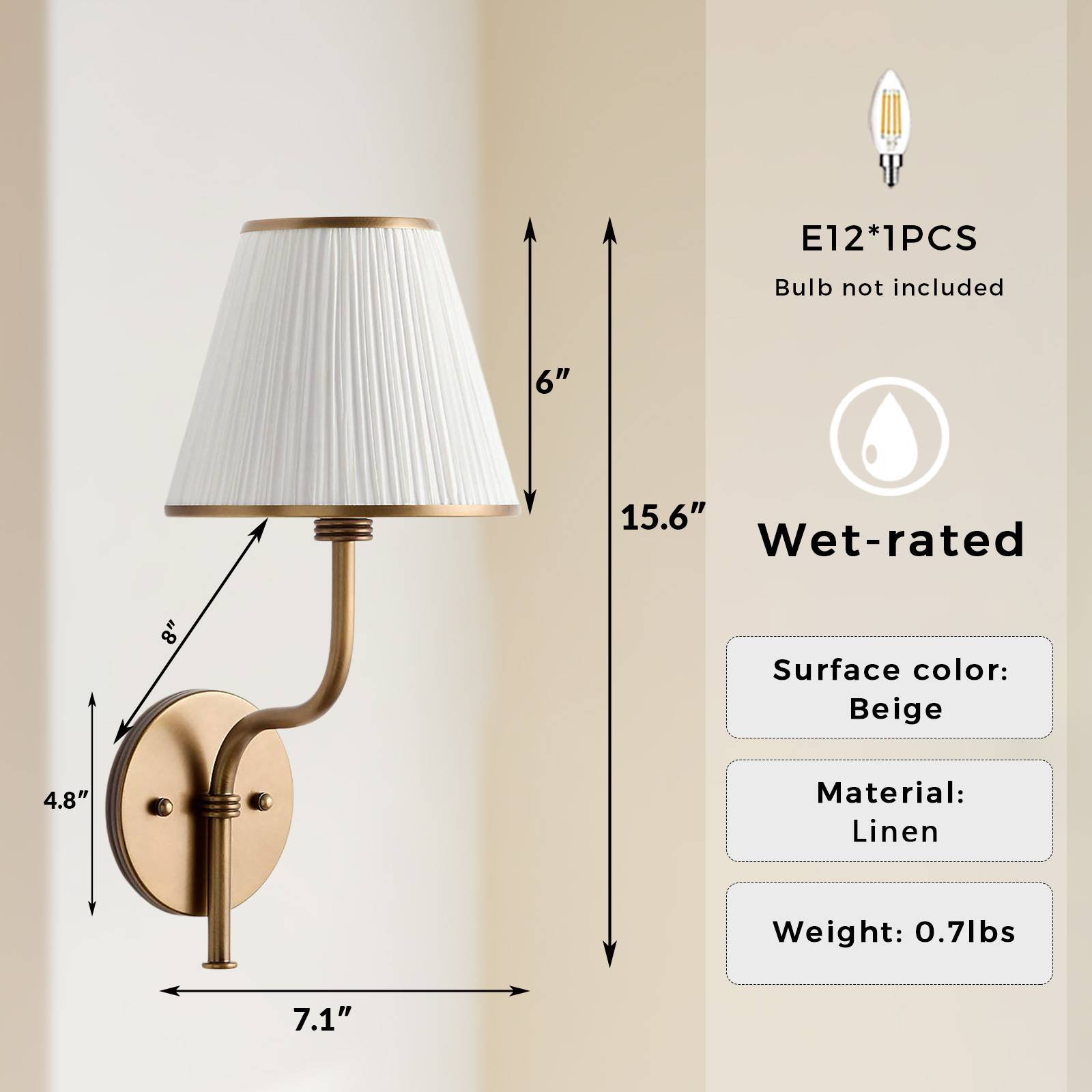 White Pleated Fabric Linen Wall Sconce, Modern Wall Light with Brass Base, Wall Lamp for Bedroom, Living Room, Bathroom - Image 8