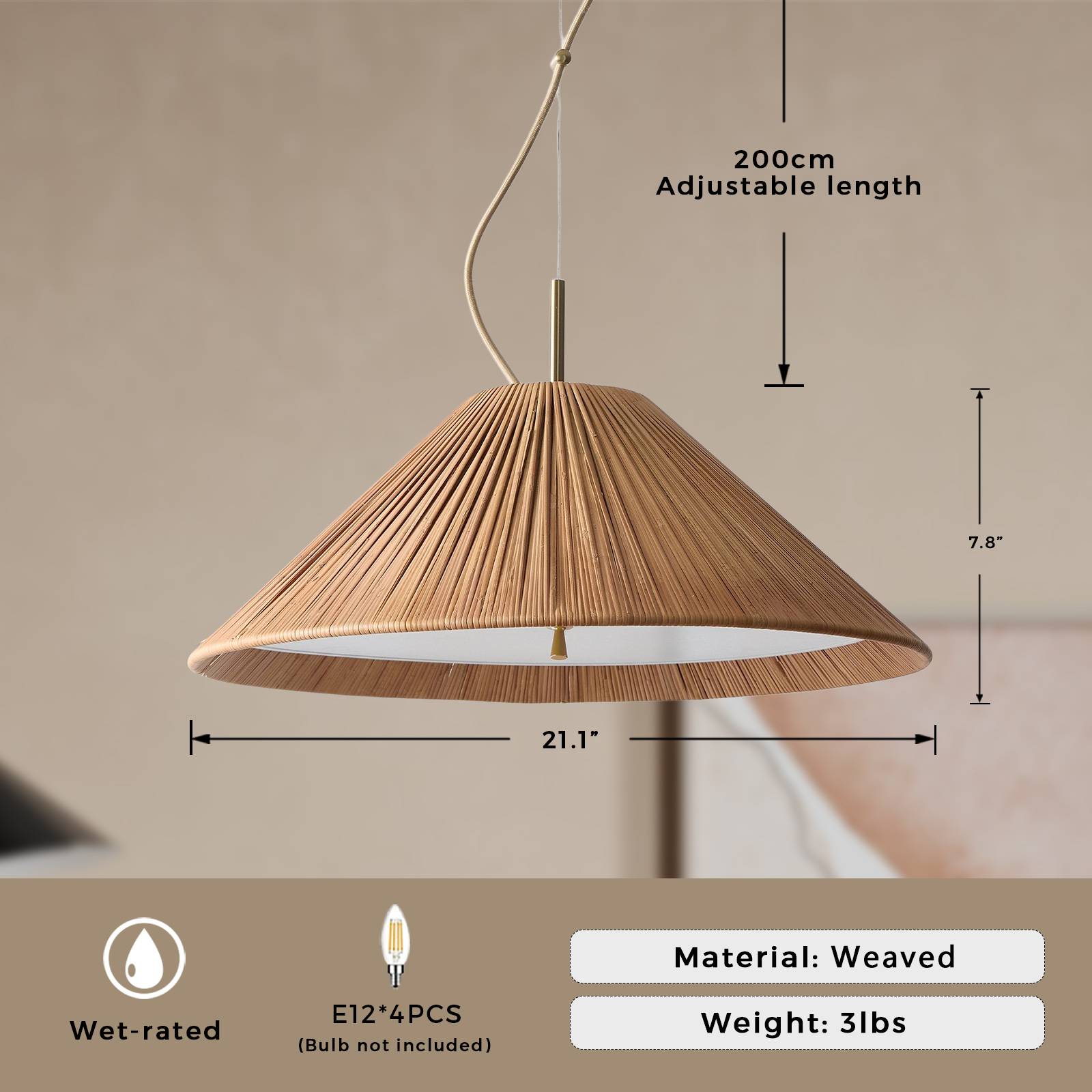 Conical Weaved Pendant Light, Country Ceiling Light, 22 Inch Ceiling Light Fixture for Kitchen, Dining Room - Image 12