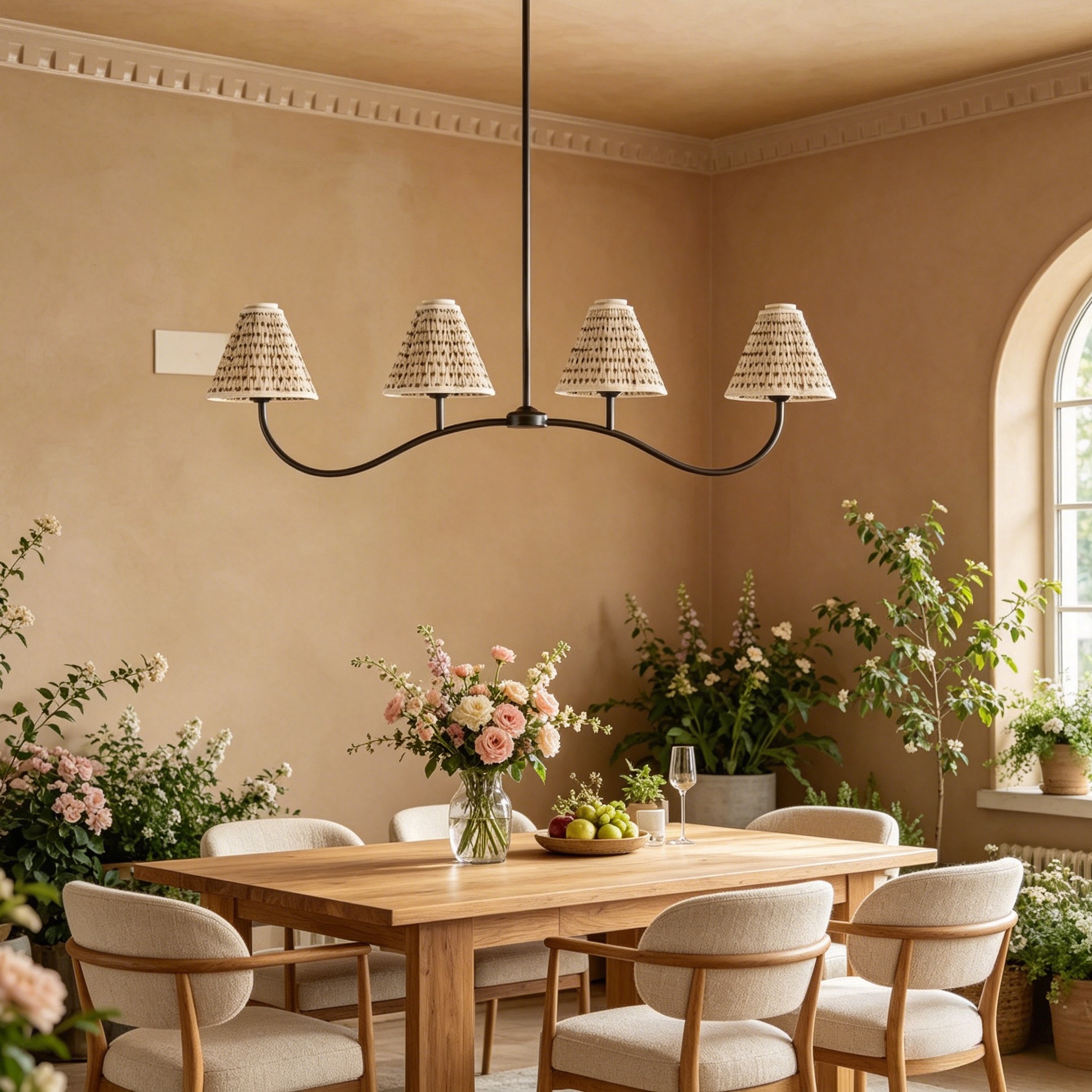 Modern Linear Linen Chandelier, 4-Light Floral Textured Fransen Pendant Light, Light Fixture for Living Room, Bedroom, Dining Room - Image 4