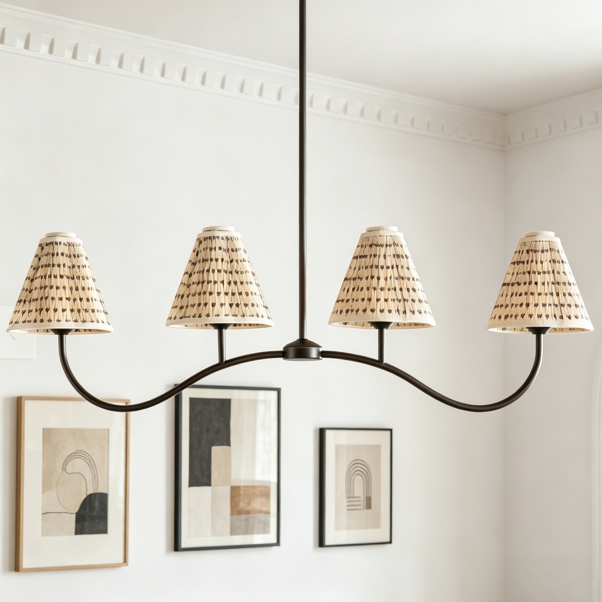 Modern Linear Linen Chandelier, 4-Light Floral Textured Fransen Pendant Light, Light Fixture for Living Room, Bedroom, Dining Room