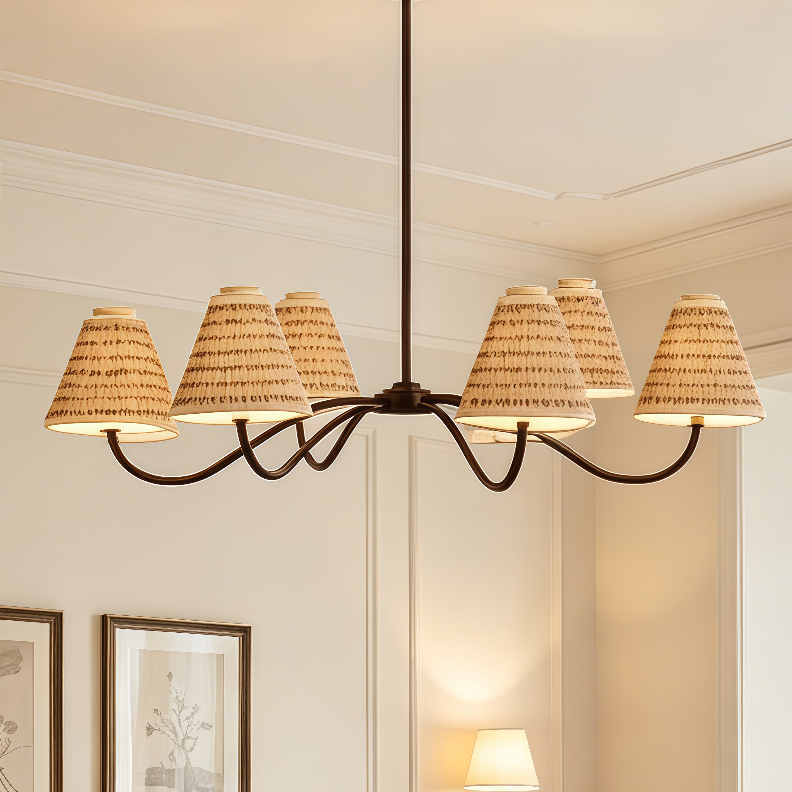 Country Linen Chandelier, 6-Light Floral Textured Pendant Chandelier for Bedroom, Kitchen