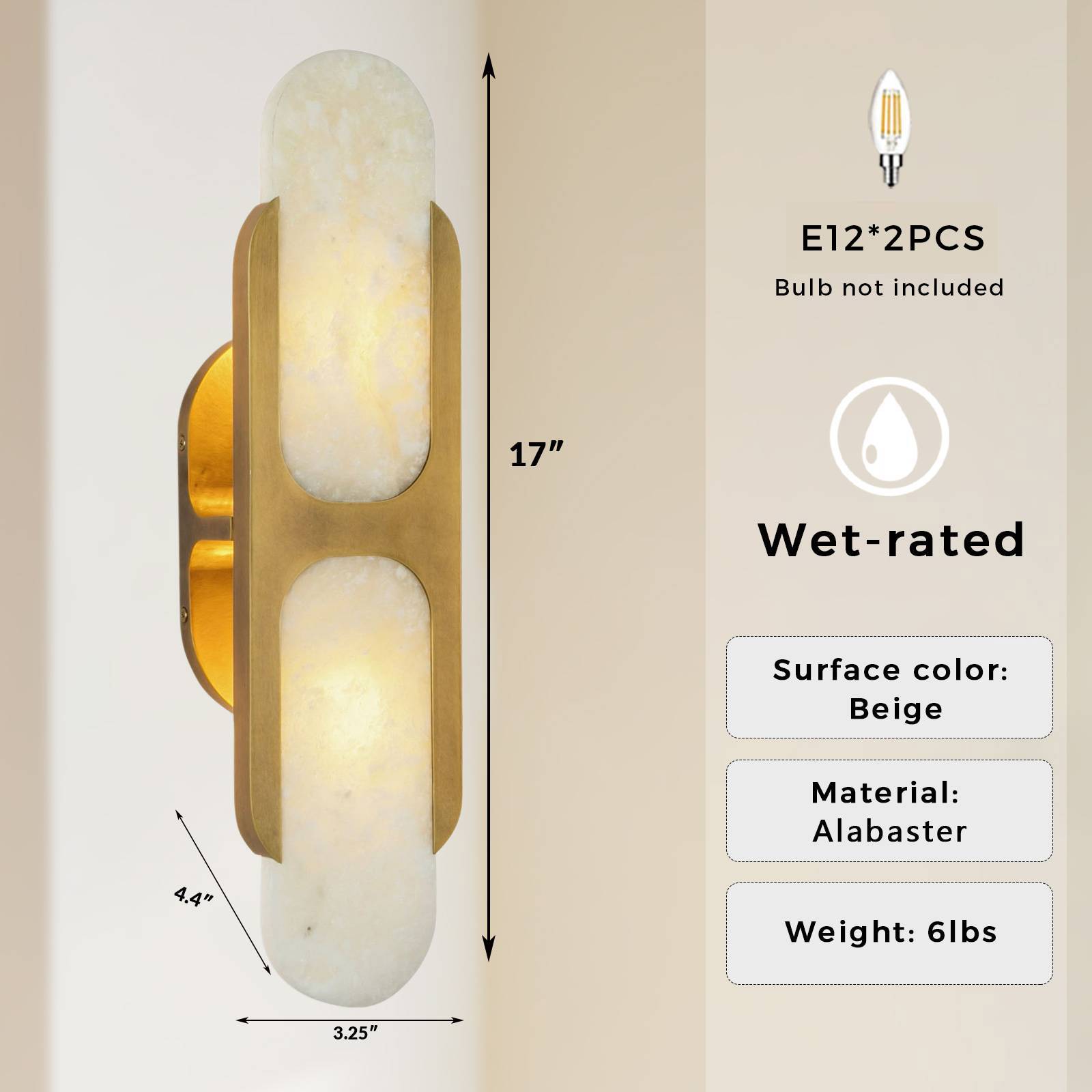 17 Inch Alabaster Wall Sconce, Modern Wall Light ,Wall Lamp for Hallway Bedroom Bathroom - Image 13