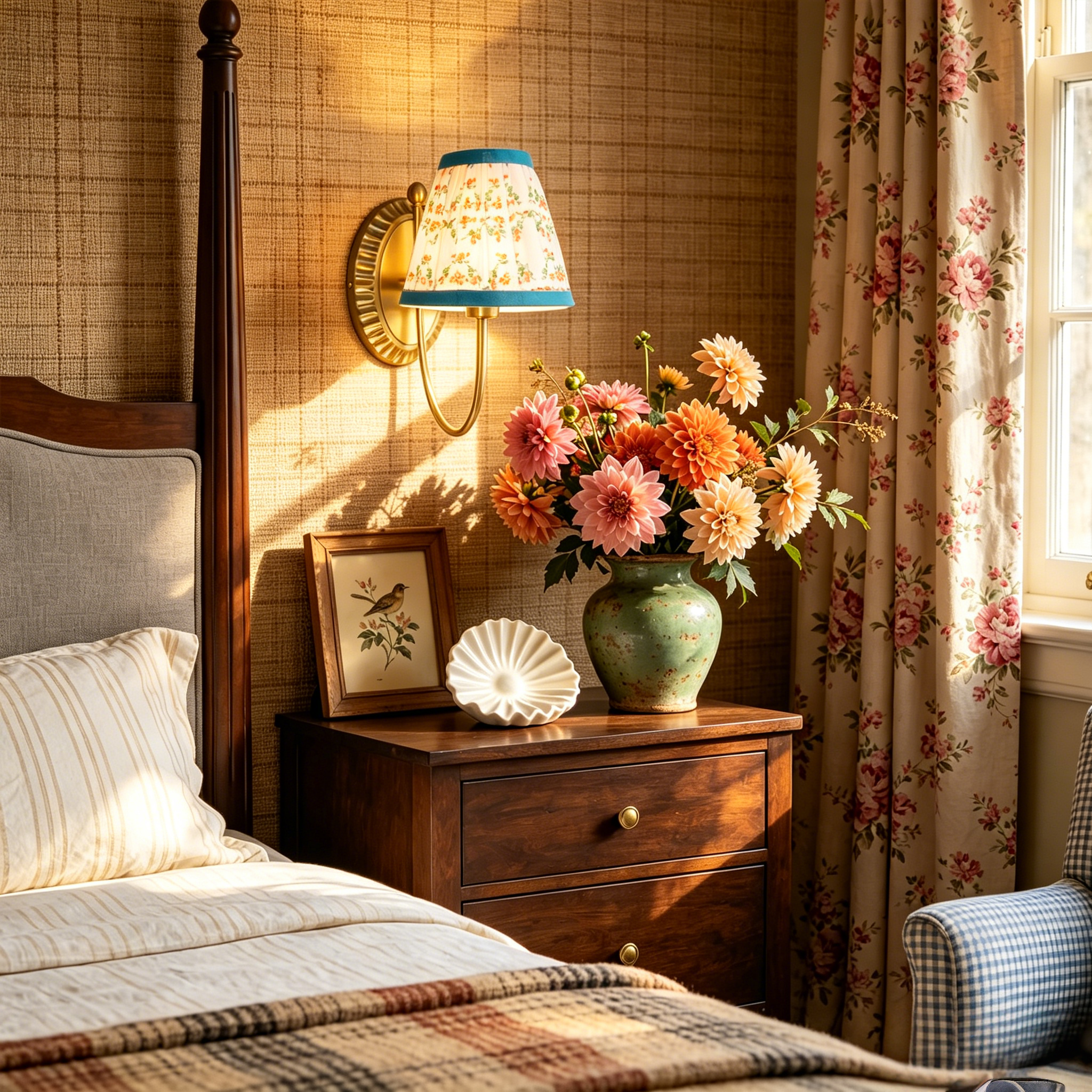 Vintage Printed Cotton Cone Wall Sconce, Country Wall Lamp for Bedroom, Living Room, Enterway - Image 5