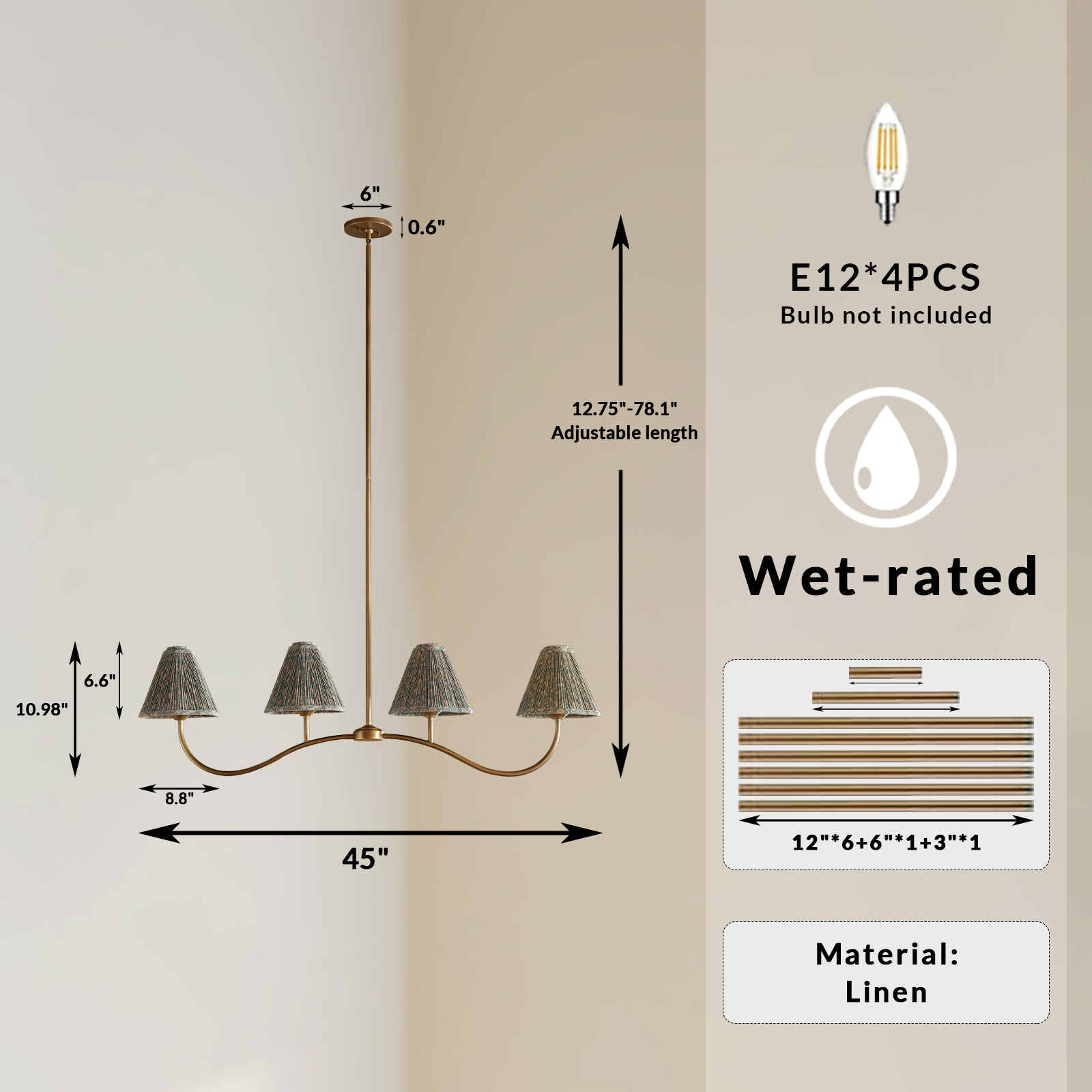 Modern Linear Linen Chandelier, 4-Light Floral Textured Fransen Pendant Light, Light Fixture for Living Room, Bedroom, Dining Room - Image 13