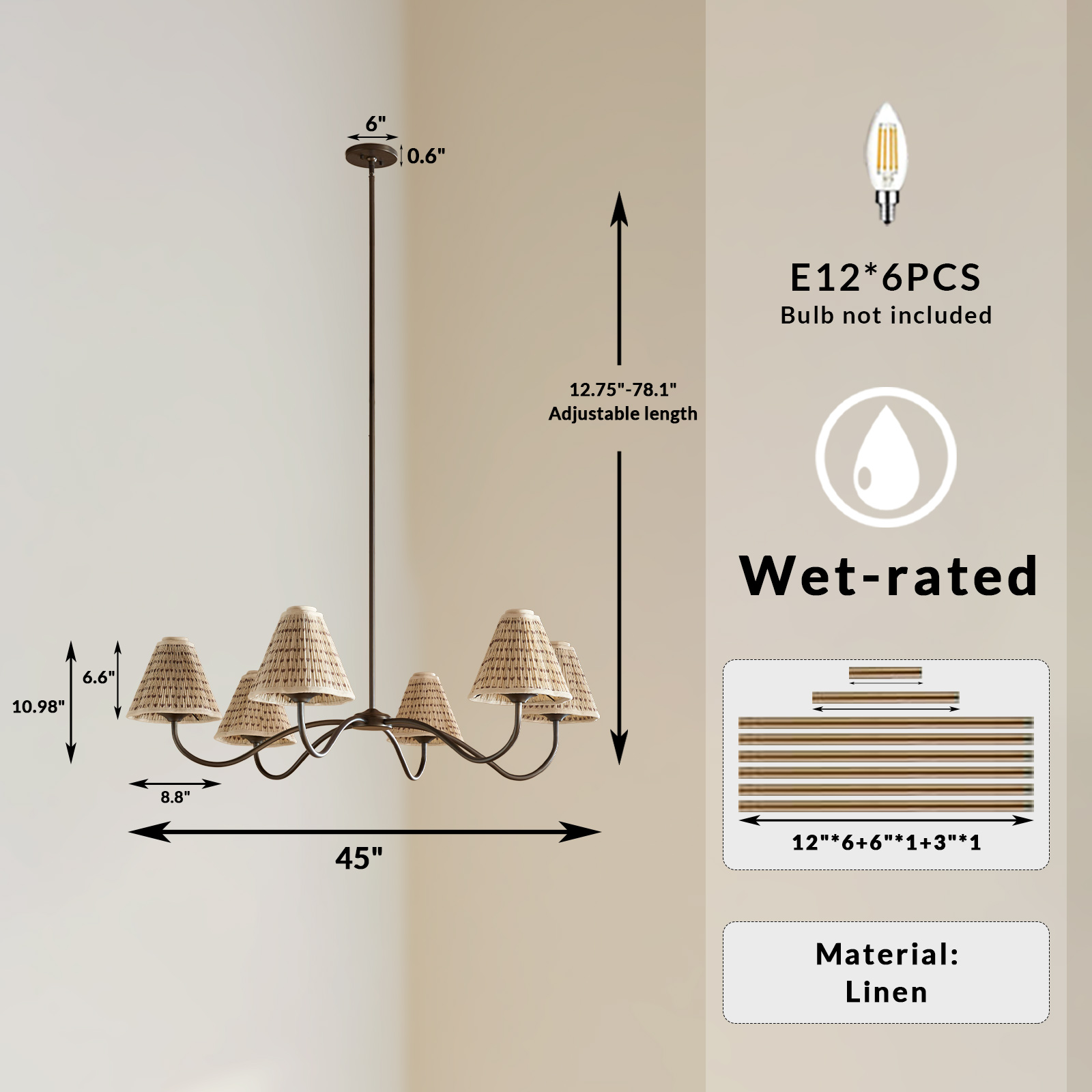 Country Linen Chandelier, 6-Light Floral Textured Pendant Chandelier for Bedroom, Kitchen - Image 8