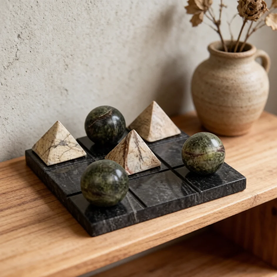 Luxury Marble Tic Tac Toe Set, Natural Stone Pyramid Sphere Noughts and Crosses, Luxury Coffee Table Decor for Living Room, Bedroom, Entryway
