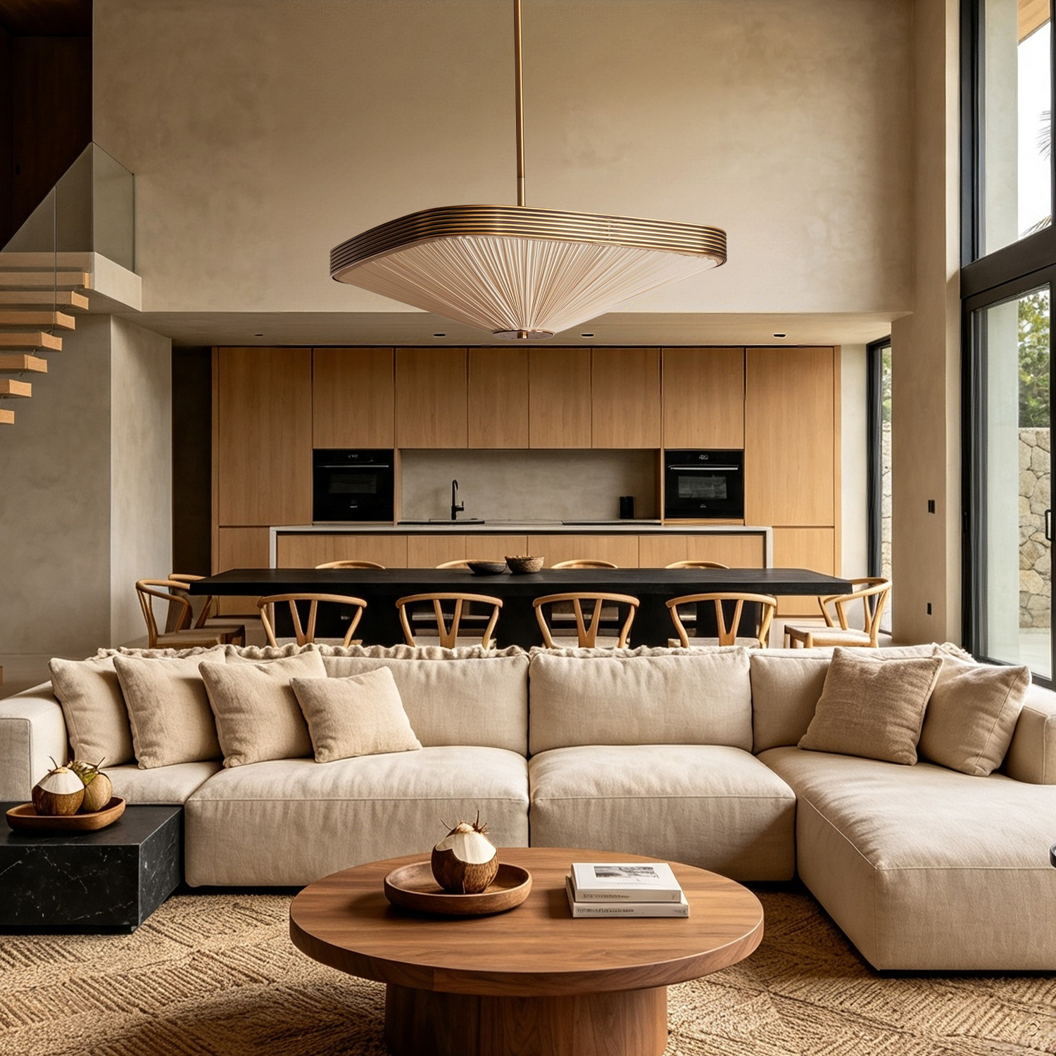 Ribbed Brass Square Pendant Light, Cream Pleated Silk Hanging Lamp for Living Room, Kitchen Island, Foyer - Image 3